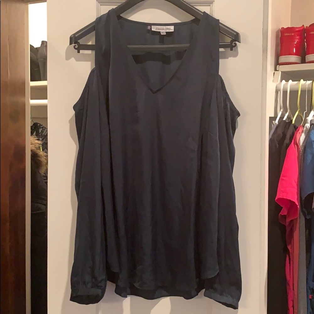 Jennifer Lopez silky blouse w/ shoulder cut outs